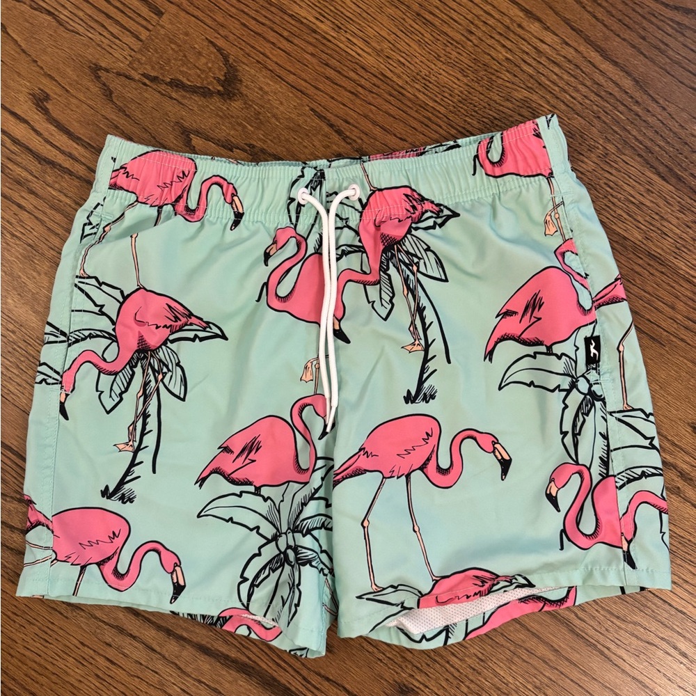 Hollister Mint Green Swim Trunks with Pink Flamingo Print
